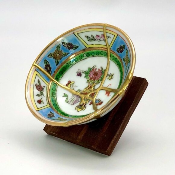 Kintsugi Bowl Chinese Vtg Jingdezhen Mini Gold Crack Japanese Art Growth Gift - Picture 4 of 11